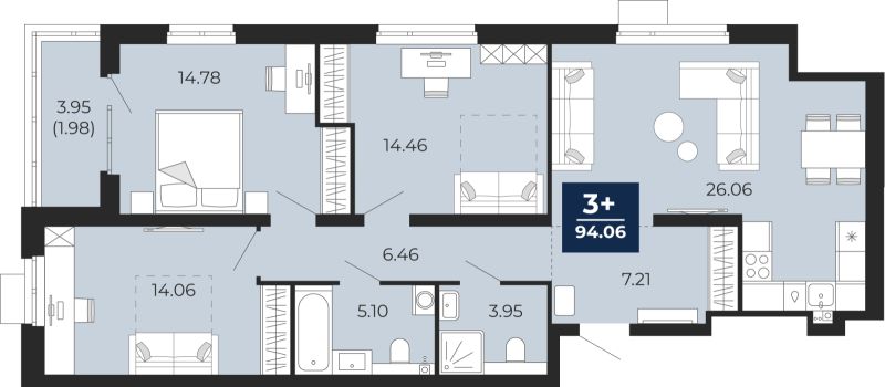 Планировка 3-комн. квартира, 92.1 м² — ЖК «Прео»