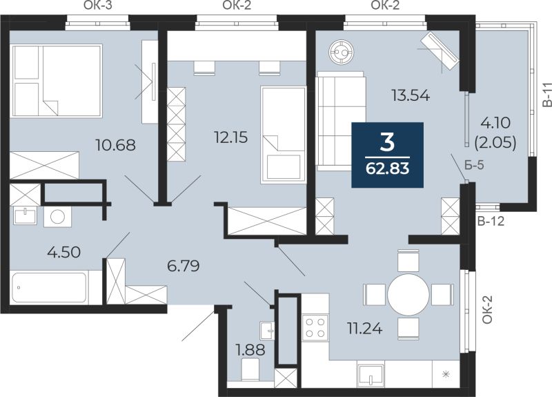 Планировка 3-комн. квартира, 60.8 м² — ЖК «Прео»