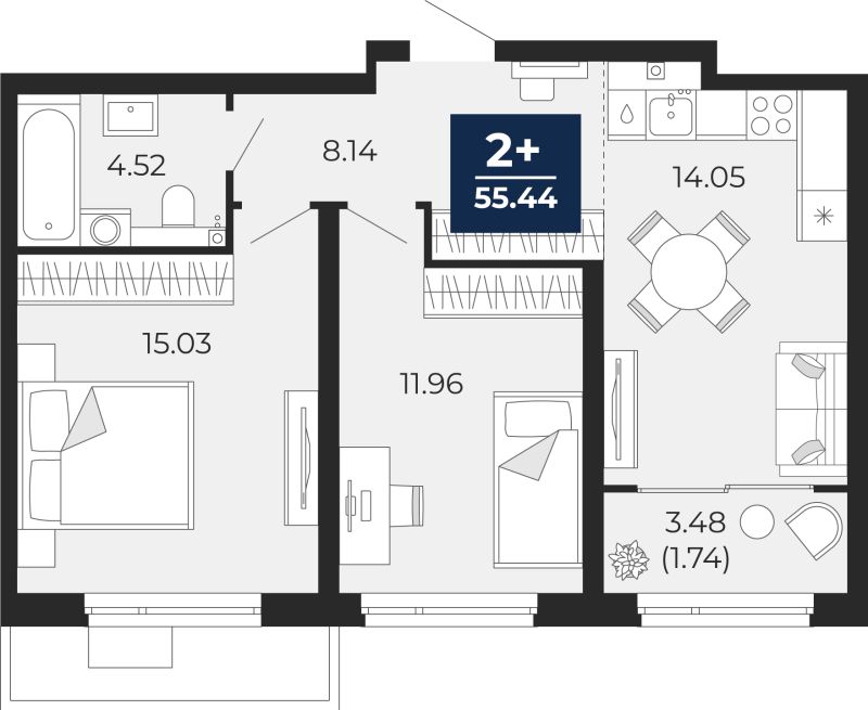 Планировка 2-комн. квартира, 53.7 м² — ЖК «Прео»
