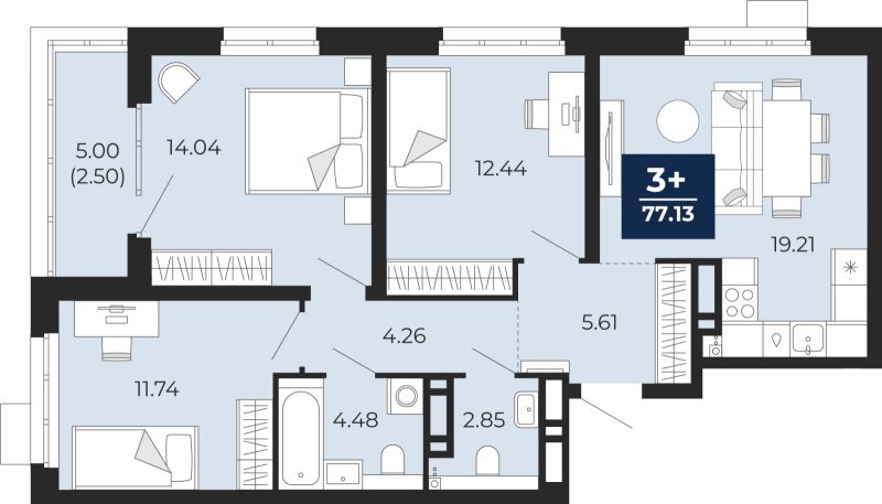 Планировка 3-комн. квартира, 74.6 м² — ЖК «Прео»