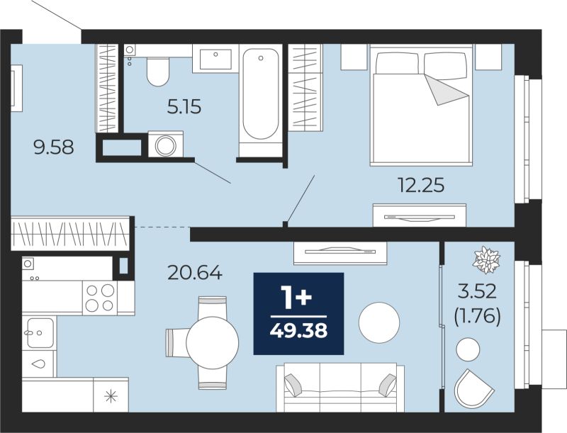 Планировка 1-комн. квартира, 47.6 м² — ЖК «Прео»