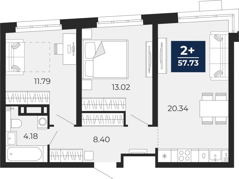 Планировка 2-комн. квартира, 57.7 м² — ЖК «Прео»