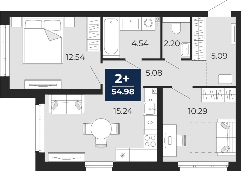Планировка 2-комн. квартира, 55 м² — ЖК «Прео»
