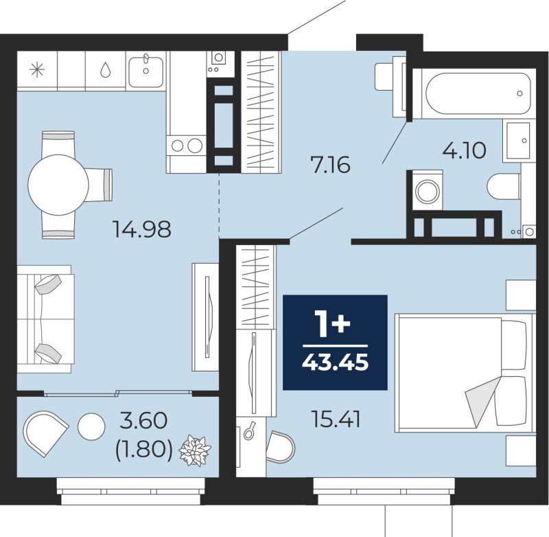 Планировка 1-комн. квартира, 41.6 м² — ЖК «Прео»