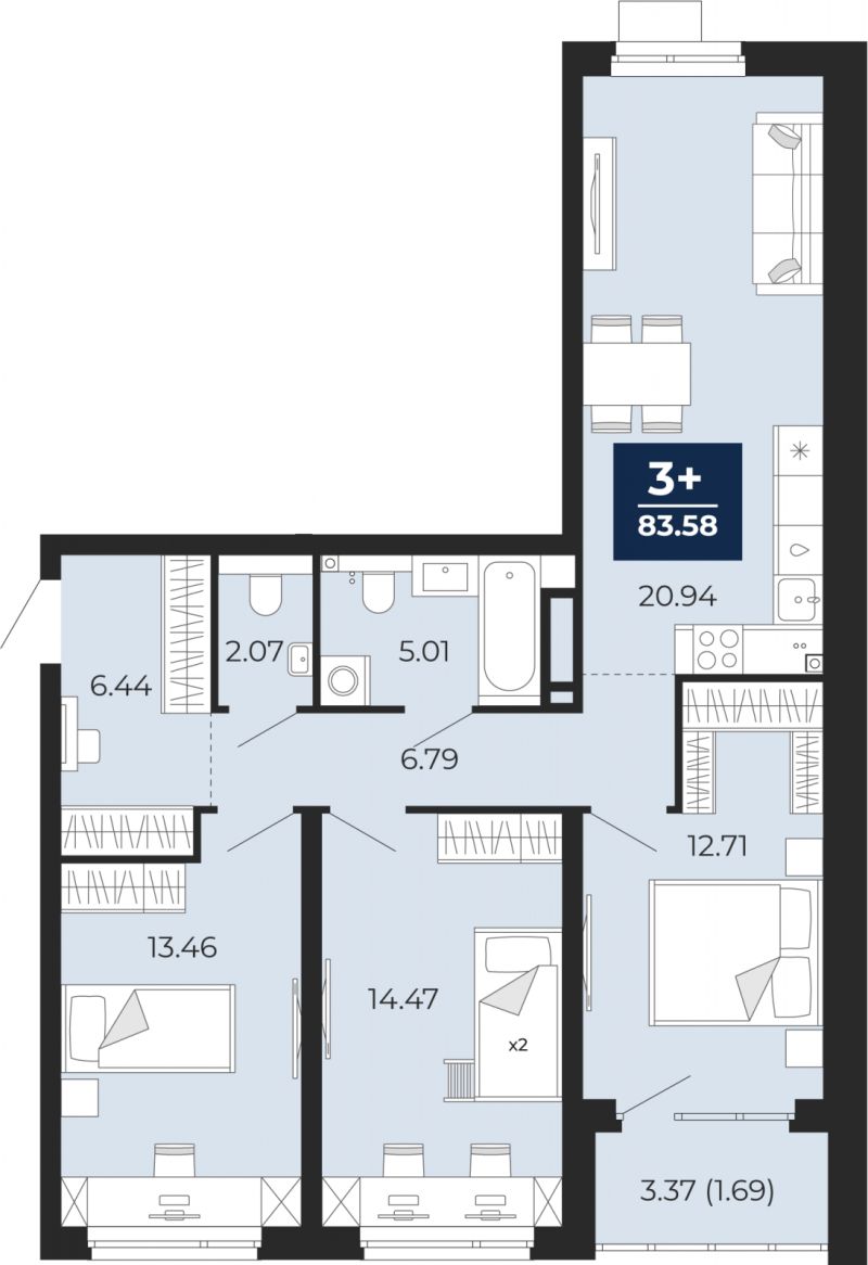 Планировка 3-комн. квартира, 81.9 м² — ЖК «Прео»