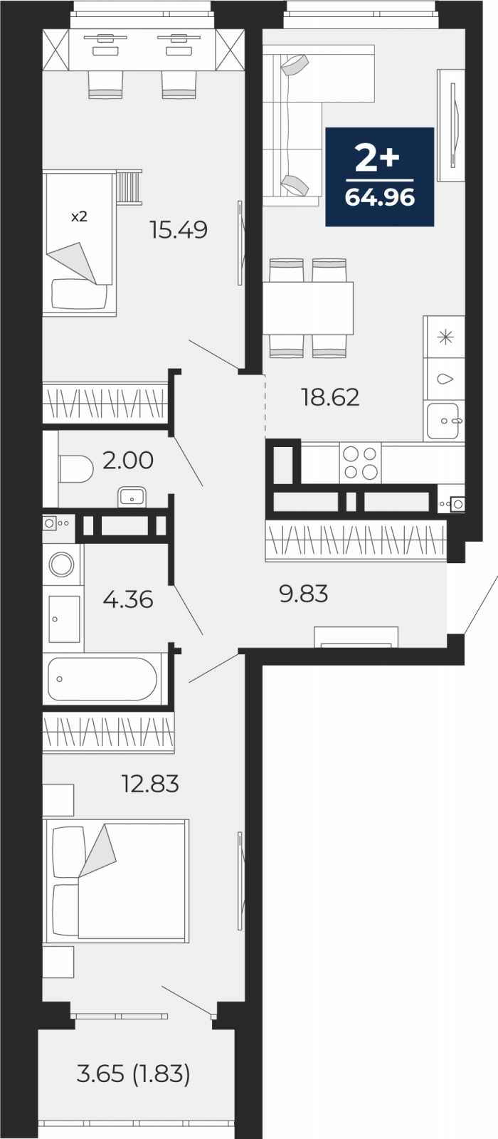 Планировка 2-комн. квартира, 63.1 м² — ЖК «Прео»