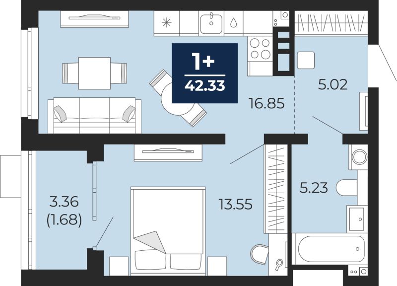 Планировка 1-комн. квартира, 40.6 м² — ЖК «Прео»