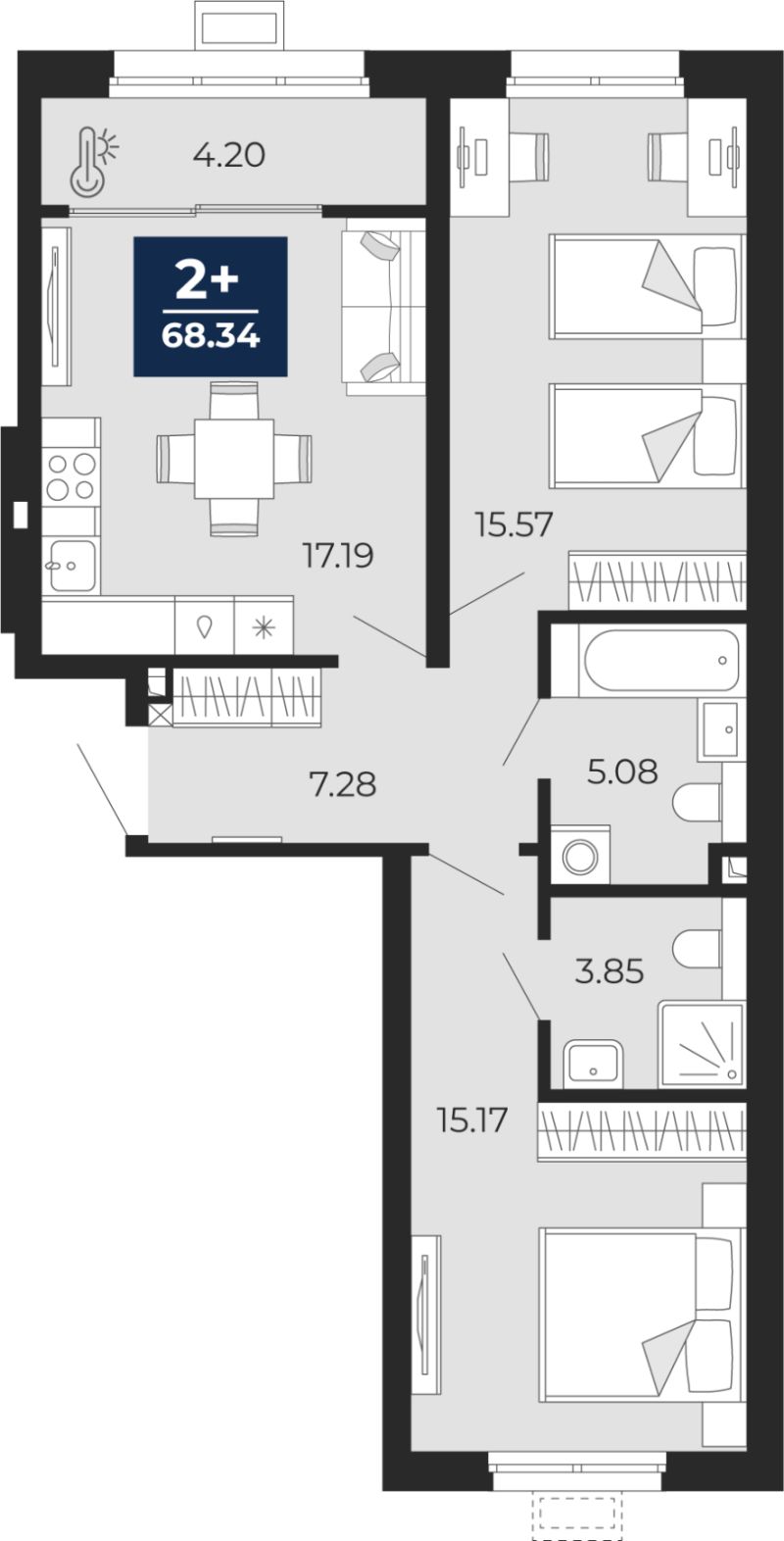 Планировка 2-комн. квартира, 68.3 м² — ЖК «Прео»