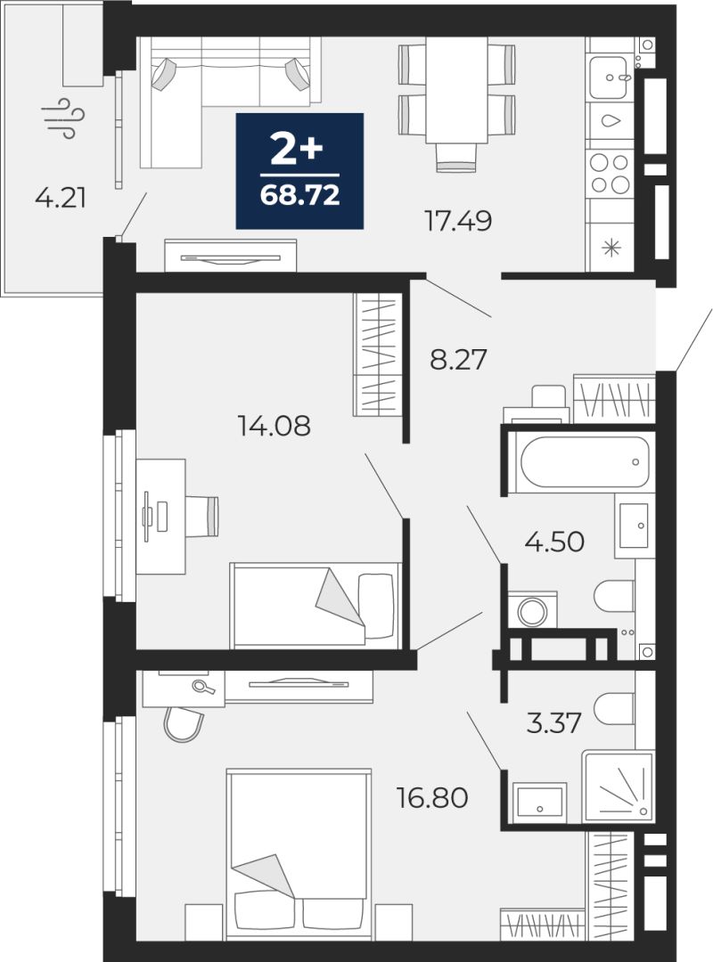 Планировка 2-комн. квартира, 68.7 м² — ЖК «Прео»