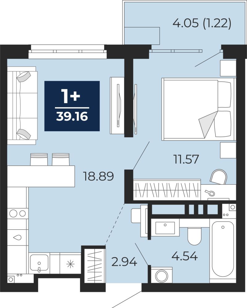 Планировка 1-комн. квартира, 37.9 м² — ЖК «Прео»