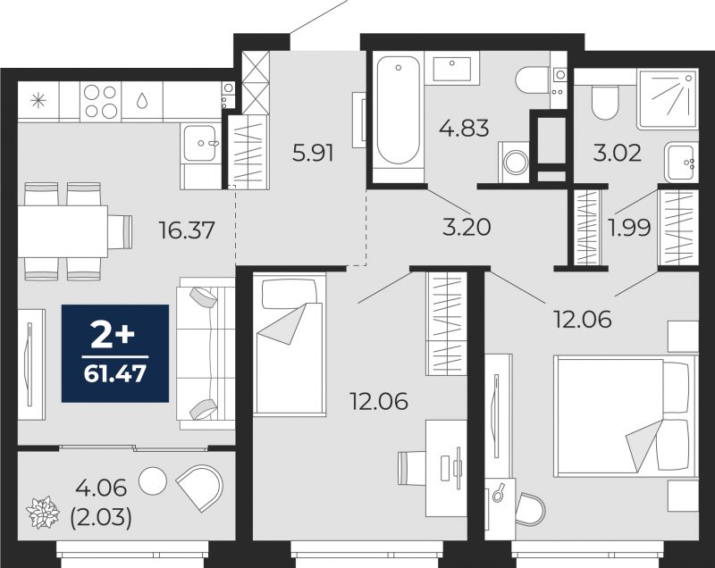 Планировка 2-комн. квартира, 59.4 м² — ЖК «Прео»