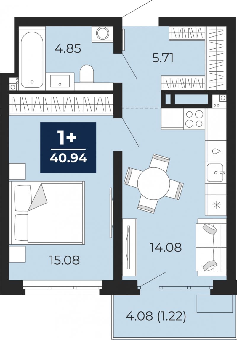 Планировка 1-комн. квартира, 39.7 м² — ЖК «Прео»