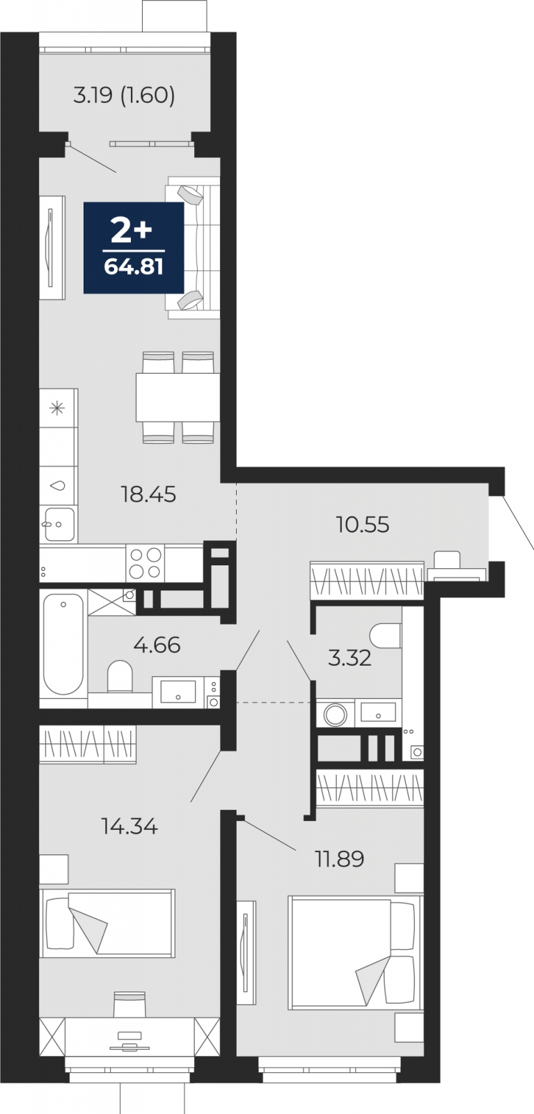 Планировка 2-комн. квартира, 63.2 м² — ЖК «Прео»