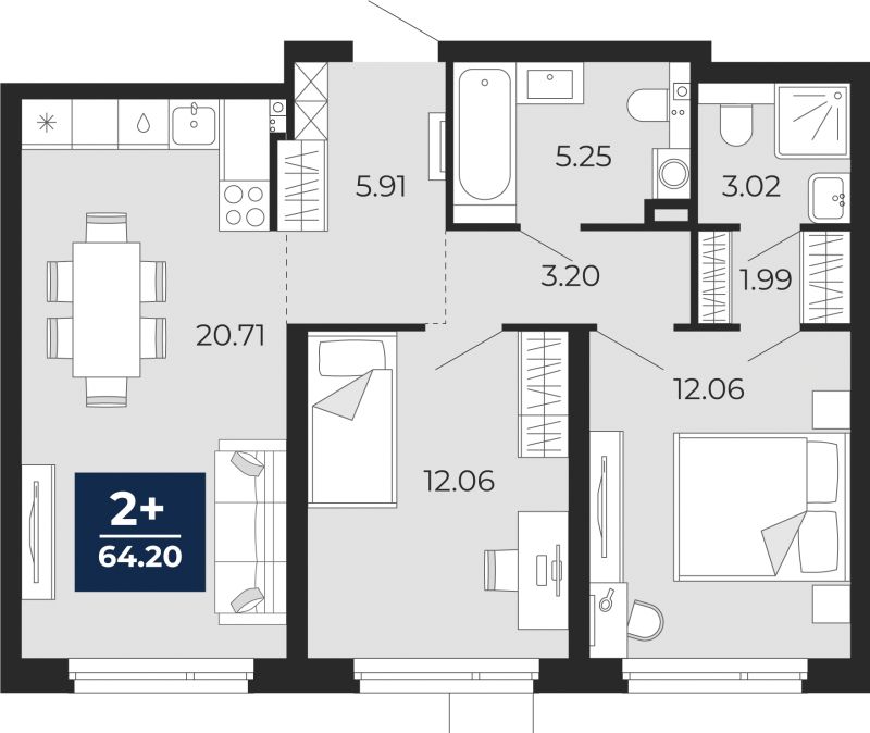 Планировка 2-комн. квартира, 64.2 м² — ЖК «Прео»