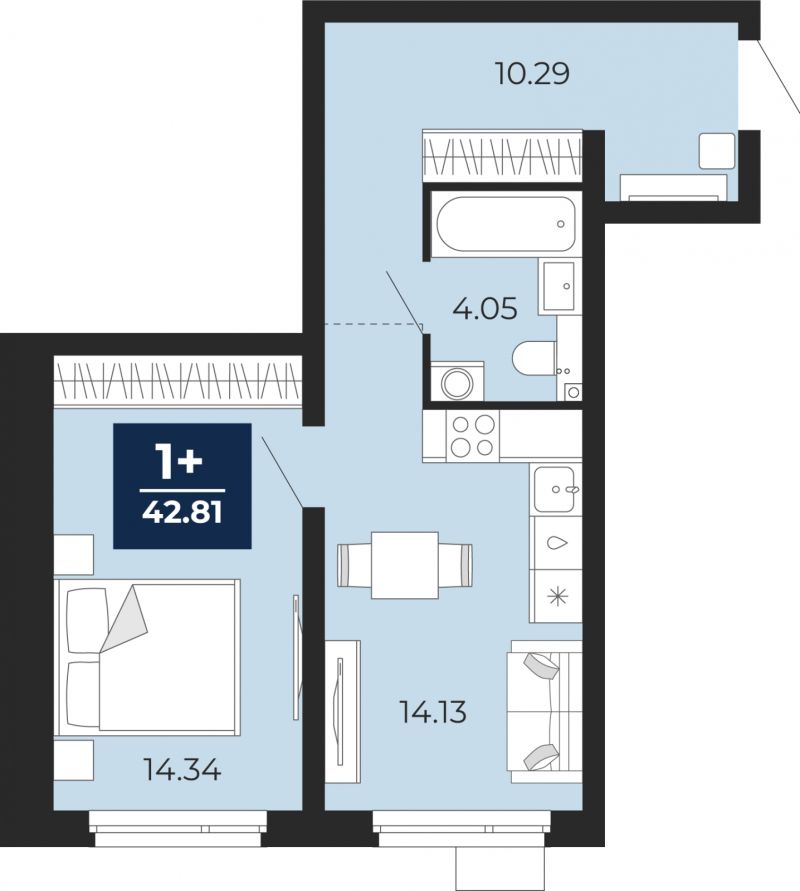 Планировка 1-комн. квартира, 42.8 м² — ЖК «Прео»