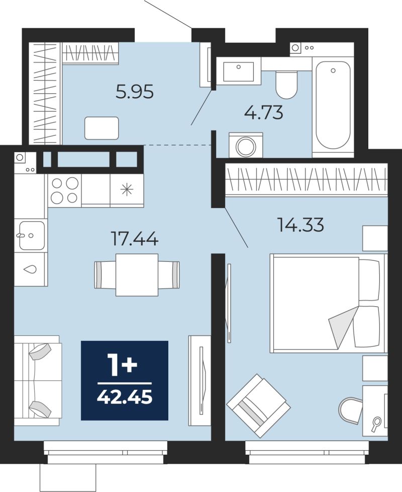 Планировка 1-комн. квартира, 42.5 м² — ЖК «Прео»