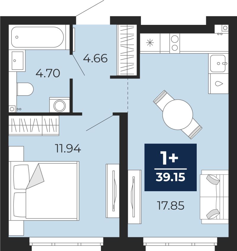 Планировка 1-комн. квартира, 39.1 м² — ЖК «Прео»