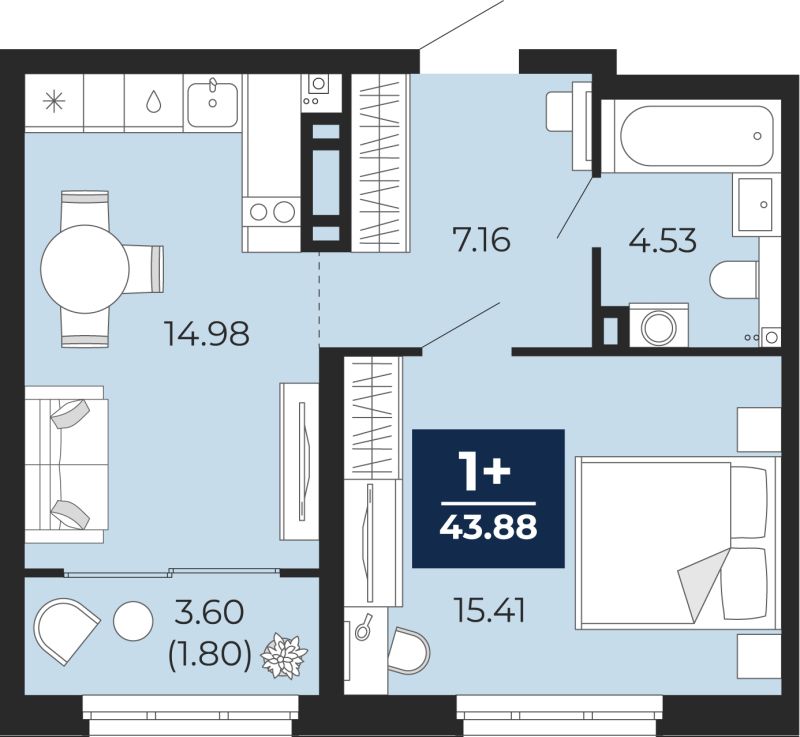 Планировка 1-комн. квартира, 42.1 м² — ЖК «Прео»