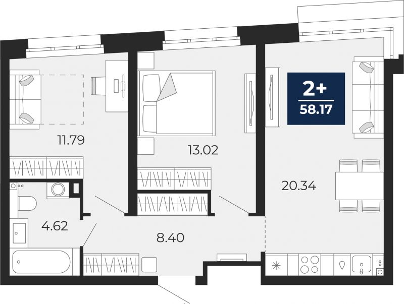 Планировка 2-комн. квартира, 58.2 м² — ЖК «Прео»