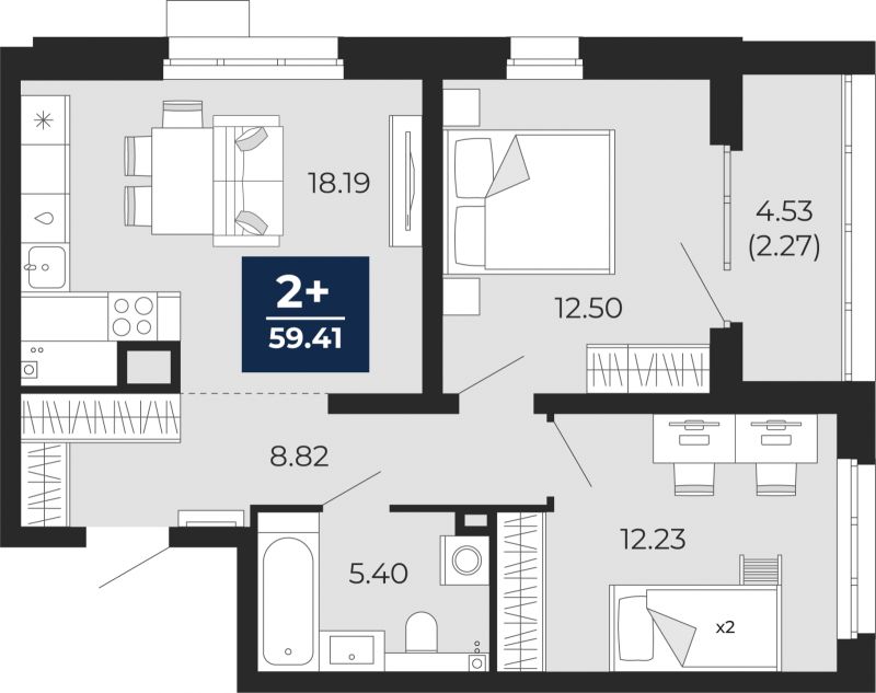 Планировка 2-комн. квартира, 57.1 м² — ЖК «Прео»