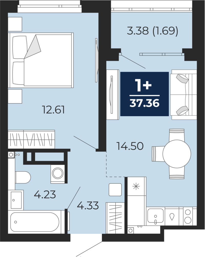 Планировка 1-комн. квартира, 38.4 м² — ЖК «Прео»