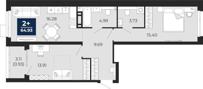 Планировка 2-комн. квартира, 66.2 м² — ЖК «Прео»