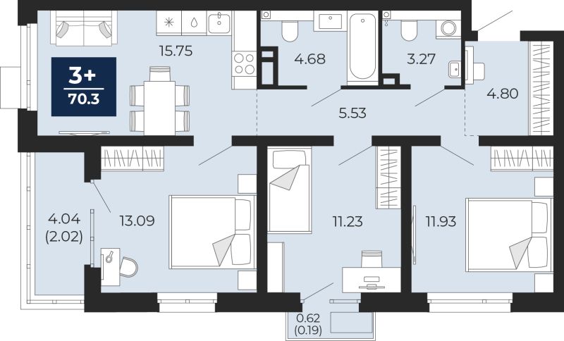 Планировка 3-комн. квартира, 72.7 м² — ЖК «Прео»