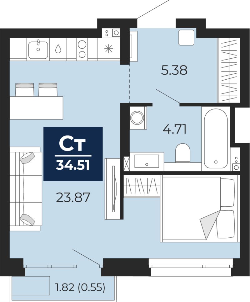 Планировка 1-комн. квартира, 35.2 м² — ЖК «Прео»