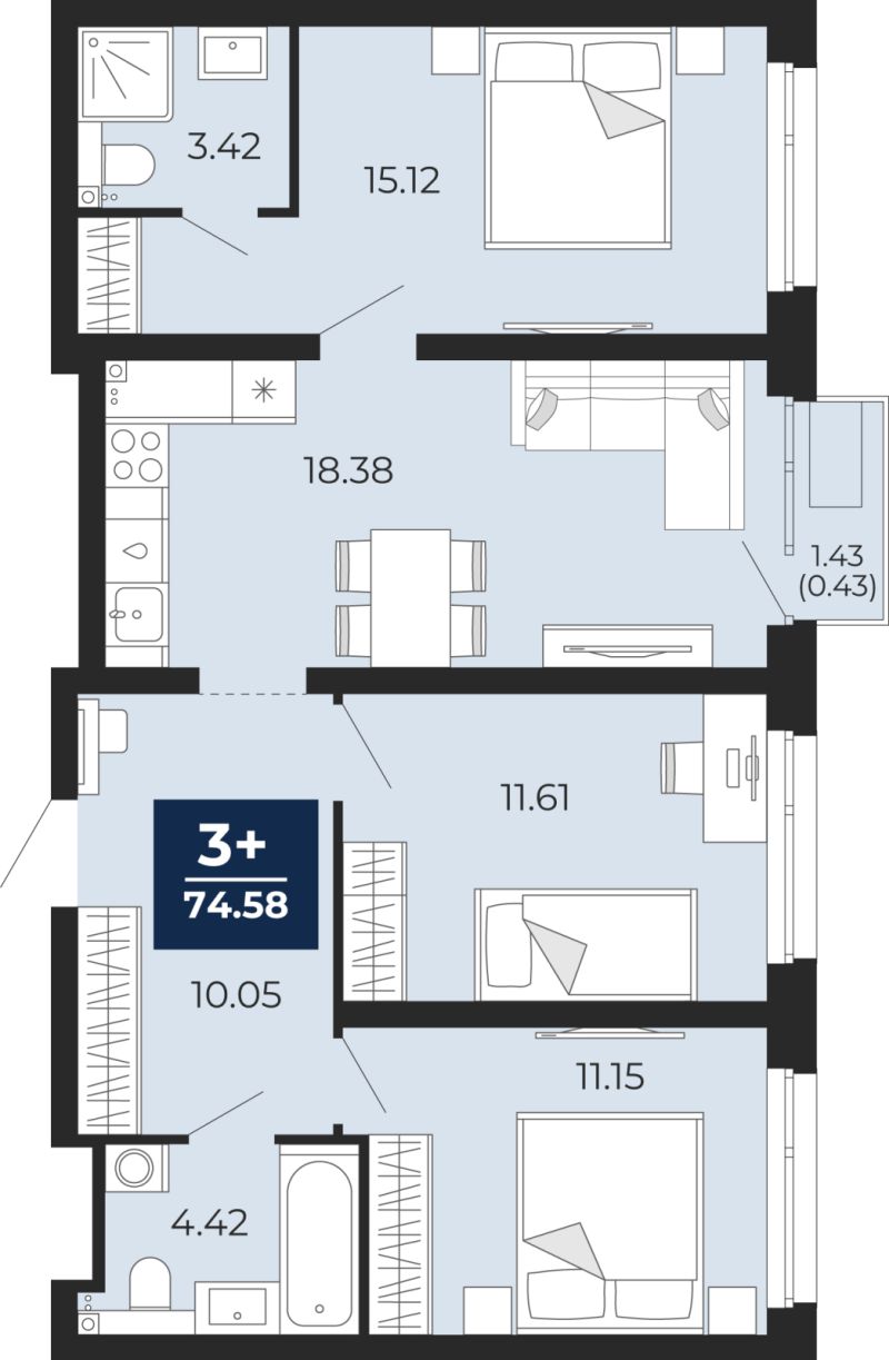 Планировка 3-комн. квартира, 75.2 м² — ЖК «Прео»