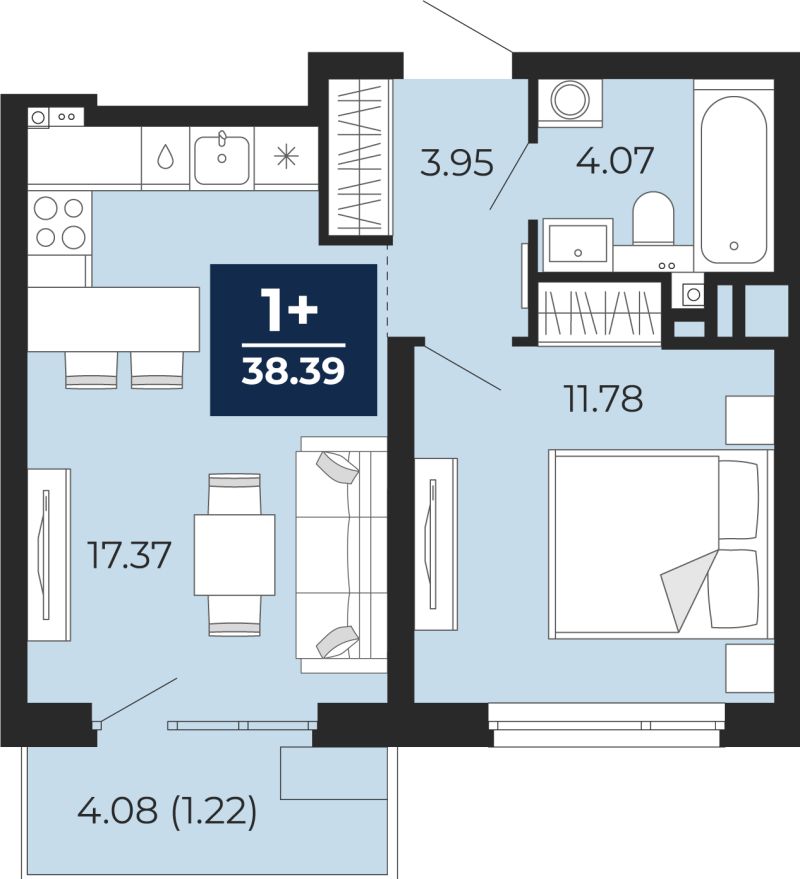 Планировка 1-комн. квартира, 40 м² — ЖК «Прео»