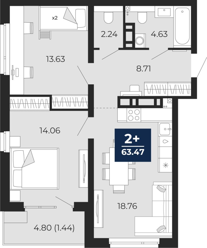 Планировка 2-комн. квартира, 65.4 м² — ЖК «Прео»