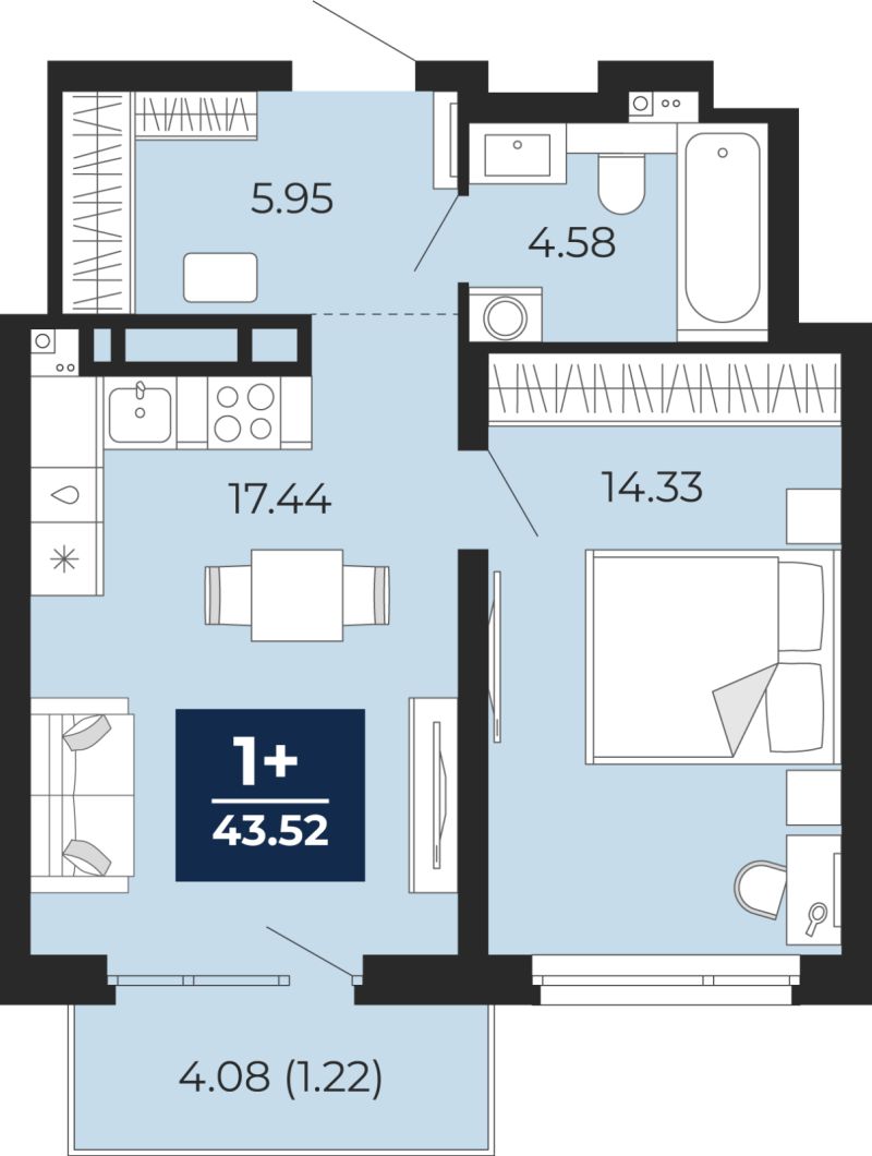 Планировка 1-комн. квартира, 45.2 м² — ЖК «Прео»