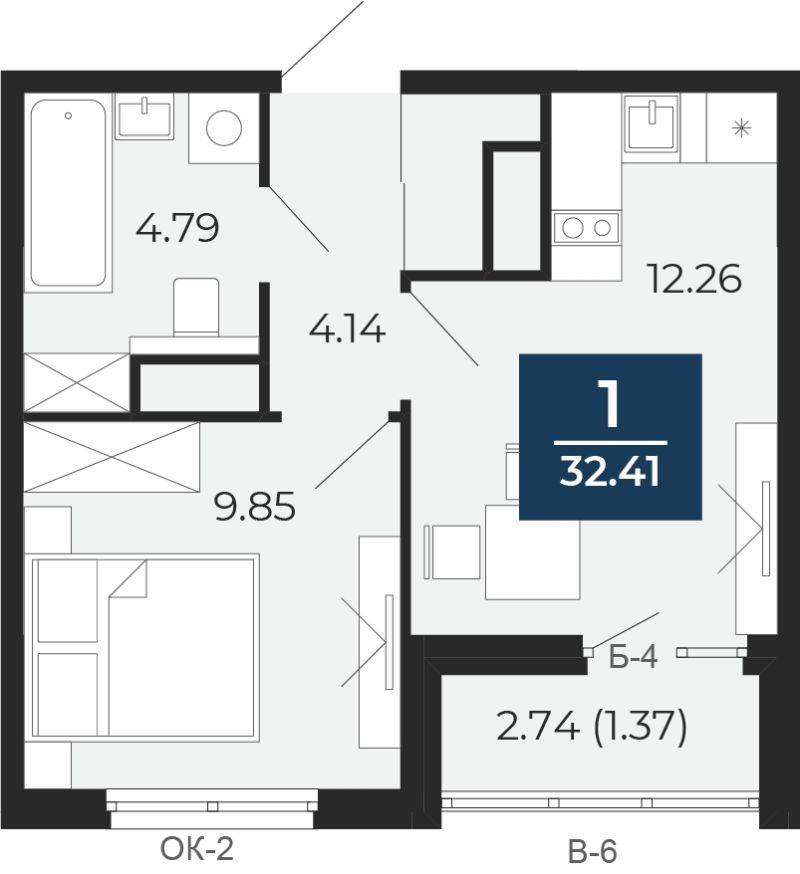 Планировка 1-комн. квартира, 32.4 м² — ЖК «Прео»