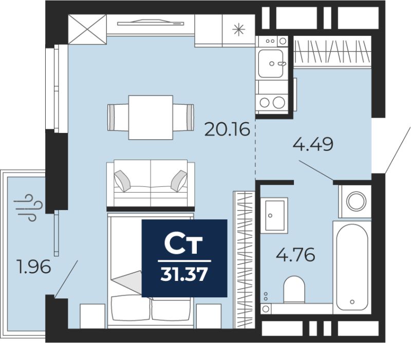 Планировка 1-комн. квартира, 30 м² — ЖК «Прео»