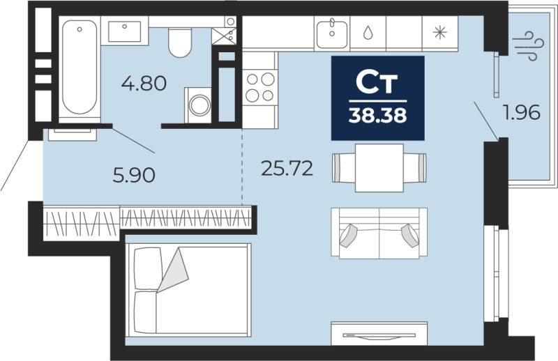 Планировка 1-комн. квартира, 37 м² — ЖК «Прео»