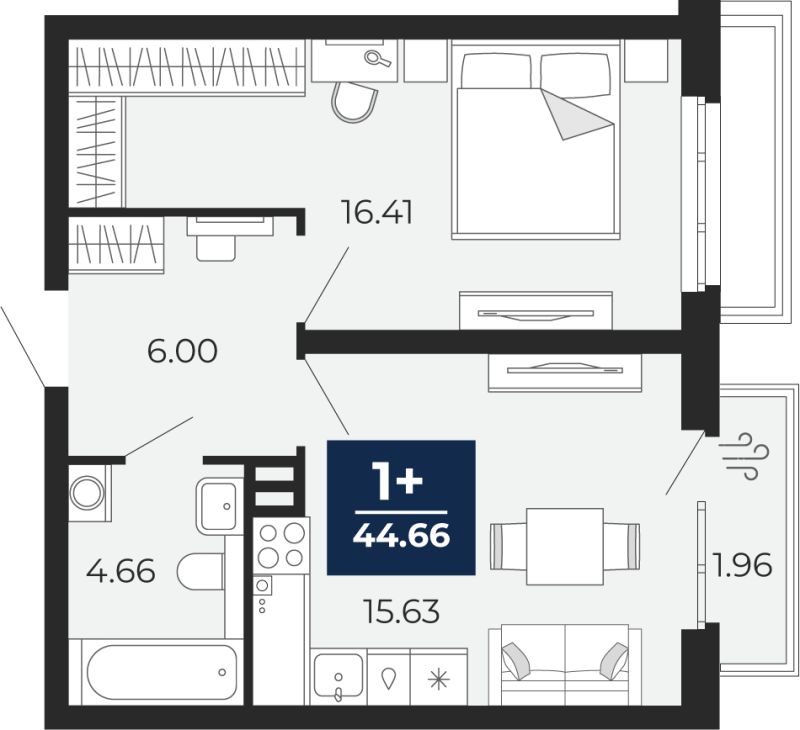 Планировка 1-комн. квартира, 43.3 м² — ЖК «Прео»