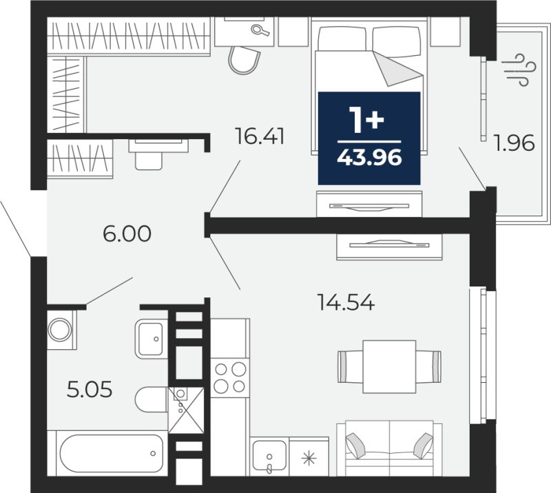 Планировка 1-комн. квартира, 42.6 м² — ЖК «Прео»