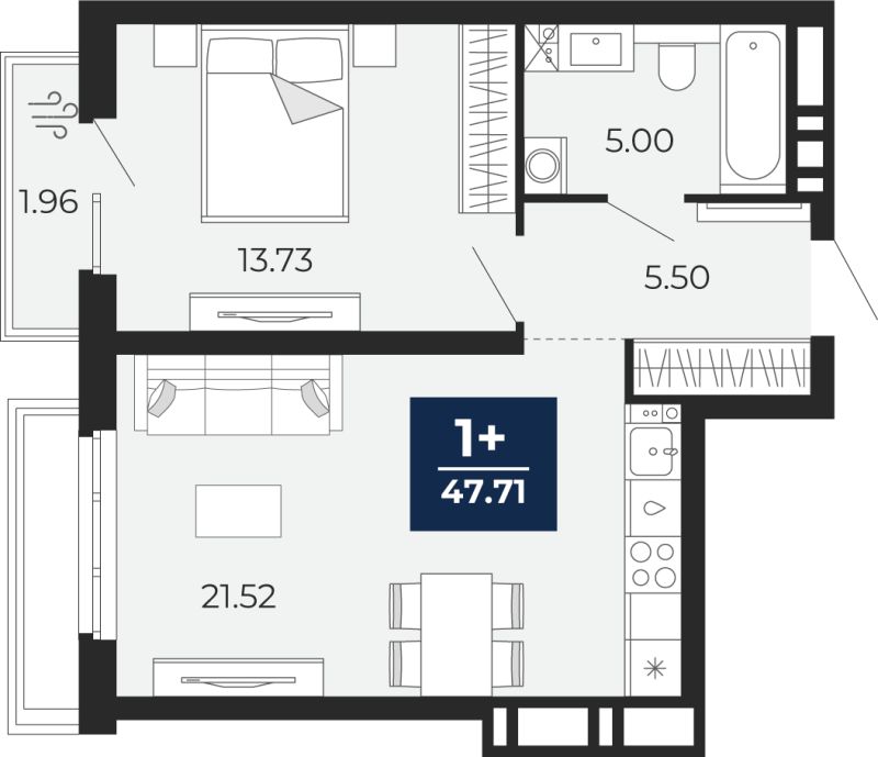 Планировка 1-комн. квартира, 46.3 м² — ЖК «Прео»