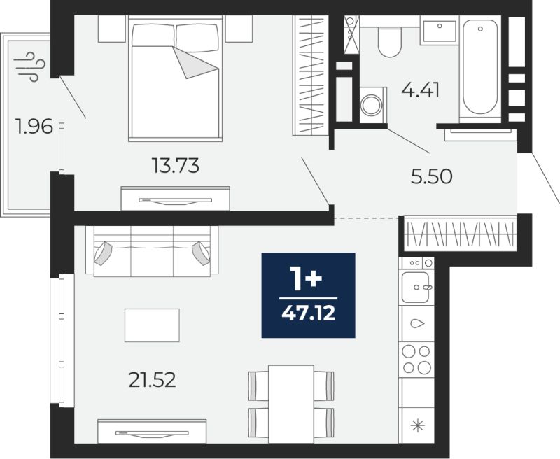 Планировка 1-комн. квартира, 45.8 м² — ЖК «Прео»