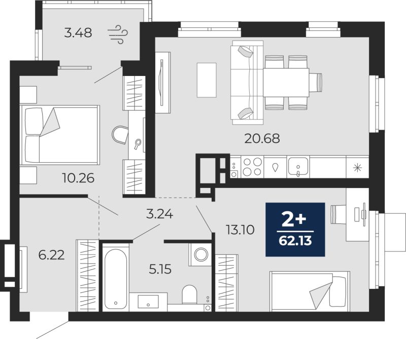 Планировка 2-комн. квартира, 59.7 м² — ЖК «Прео»