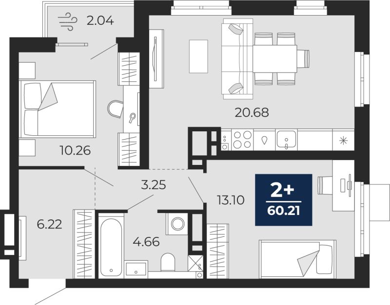 Планировка 2-комн. квартира, 58.8 м² — ЖК «Прео»