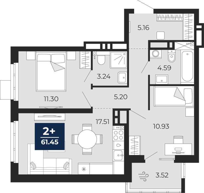 Планировка 2-комн. квартира, 59 м² — ЖК «Прео»