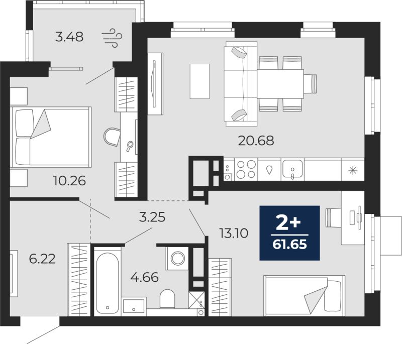 Планировка 2-комн. квартира, 59.2 м² — ЖК «Прео»