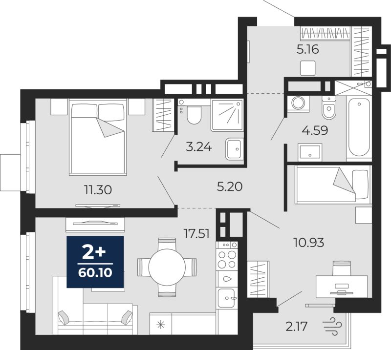 Планировка 2-комн. квартира, 58.6 м² — ЖК «Прео»