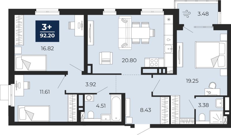 Планировка 3-комн. квартира, 89.8 м² — ЖК «Прео»