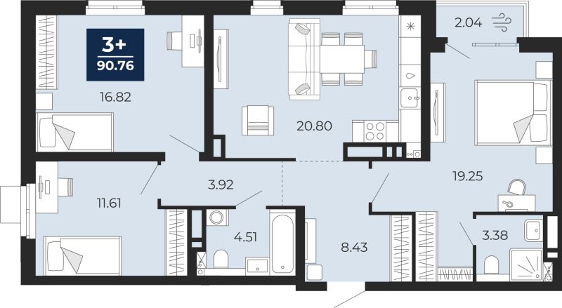 Планировка 3-комн. квартира, 89.3 м² — ЖК «Прео»