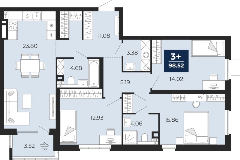 Планировка 3-комн. квартира, 96.1 м² — ЖК «Прео»