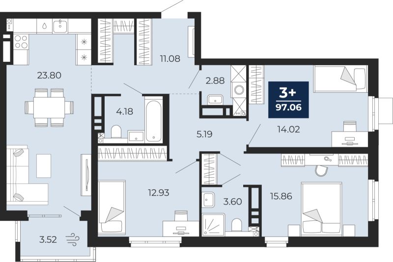 Планировка 3-комн. квартира, 94.6 м² — ЖК «Прео»