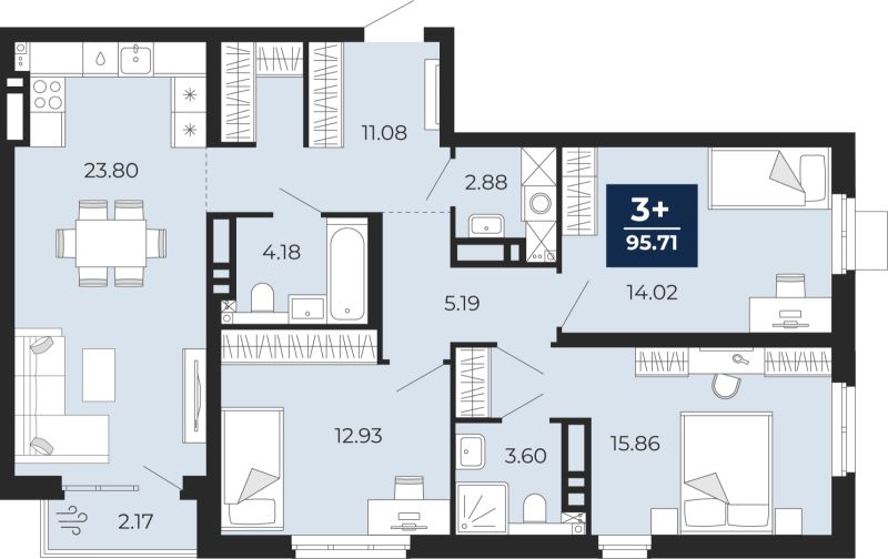 Планировка 3-комн. квартира, 94.2 м² — ЖК «Прео»