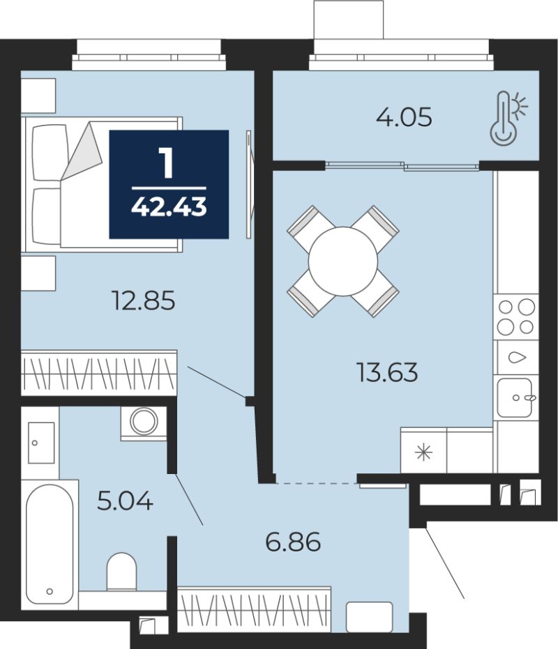 Планировка 1-комн. квартира, 42.4 м² — ЖК «Прео»